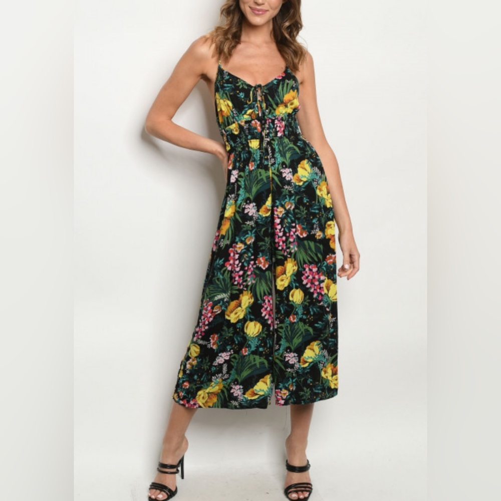 EUC Tropical Floral Black Jumpsuit Size M